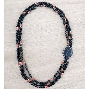Vintage Black Onyx and Carnelian Beaded Necklace Three Strands 30" Onyx Station
